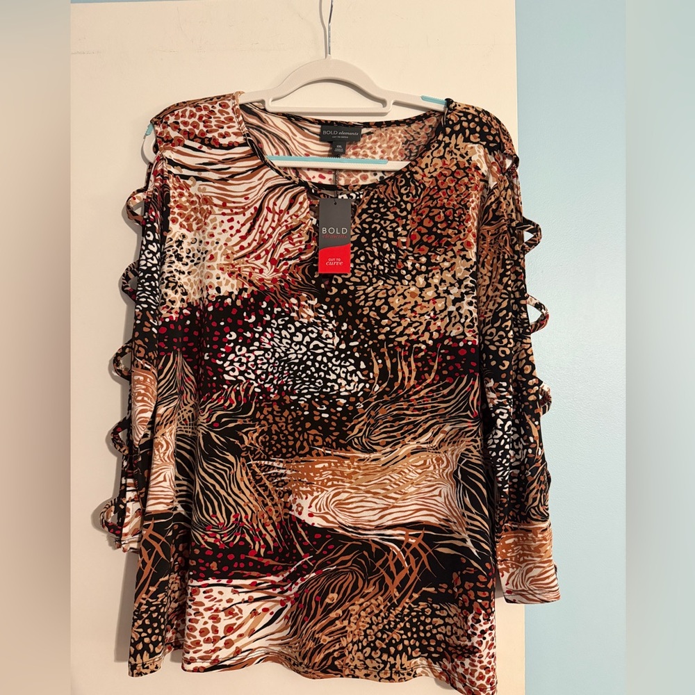 BOLD elements Brown Black Multi-Animal Print Cutout Sleeve Blouse